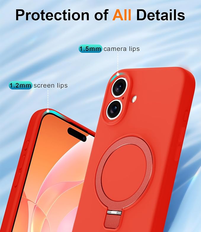 ZHK Liquid Silicone Designed for iPhone 16 Plus Case with Magnet Stand, [Precise Camera Lens Protection][Mil-Grade Drop Shockproof][Soft Anti-Scratch Microfiber Lining] Slim Fit Cover, Red