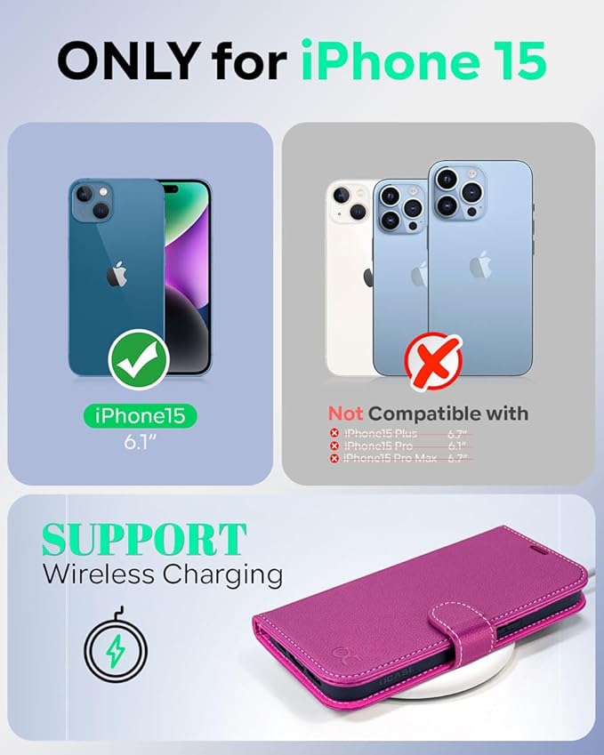 OCASE Compatible with iPhone 15 Wallet Case, PU Leather Flip Folio Case with Card Holders RFID Blocking Kickstand [Shockproof TPU Inner Shell] Phone Cover 6.1 Inch 2023, Litchi Rose