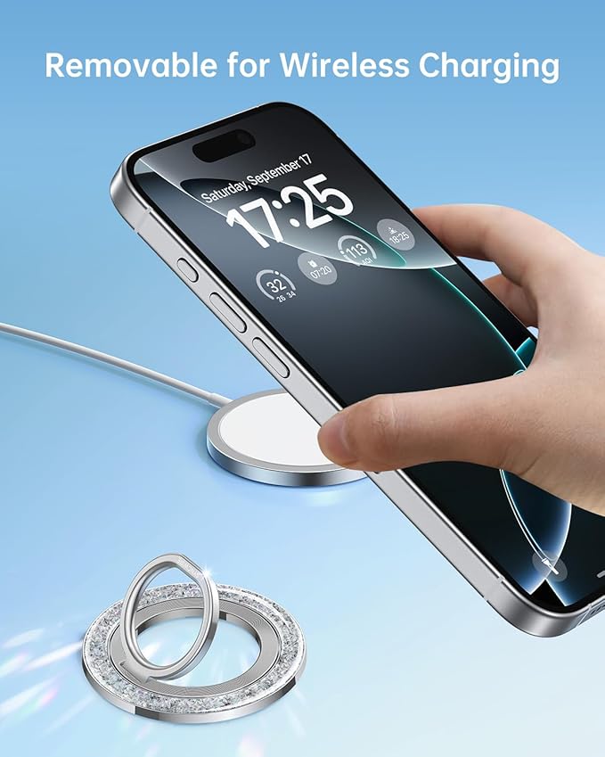 SYNCWIRE Magnetic Phone Ring Holder for MagSafe - Glitter Phone Grip Stand with 360° Rotation & Reinforced Hinge, Compatible with iPhone 16 15 14 13 Pro Max Plus MagSafe Accessories - Glitter Silver