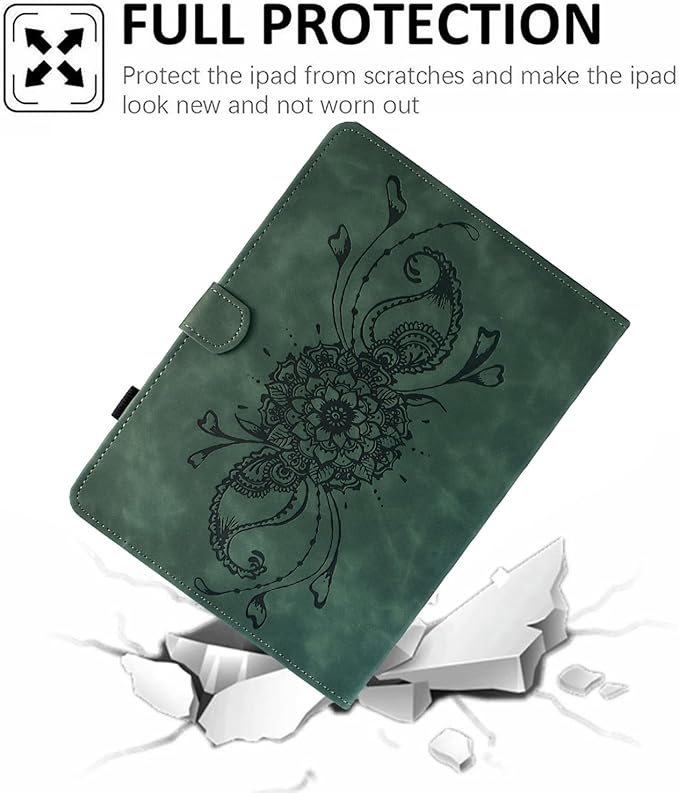Mandala Flower Case Compatible with Galaxy Tab A9+ Plus 11 Inch 2024 2023 (SM-X210/X216/X218), Cute Elegant Embossed Suede Leather Folio Stand Case Protective Cover with Auto Wake/Sleep, Vintage Green