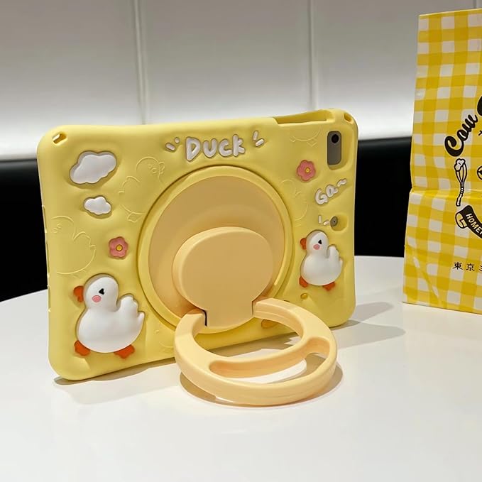 3D Cute Press Duck Case for Samsung Galaxy Tab A8 10.5 inch 2022 SM-X200/X205/X207,Kawaii Cartoon Character Duck Soft Silicone Rotating Stand Case with Lanyard for Kids Teens Girls Women
