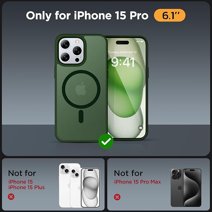 Miracase Magnetic for iPhone 15 Pro Case 6.1 inch (Compatible with MagSafe)（with 2X Screen Protectors）Military-Grade Protection, Anti-Fingerprint Translucent Matte Phone Cover, Dark Green