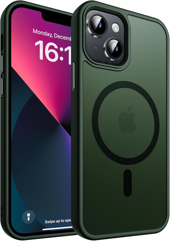 Magnetic for iPhone 13 Case & iPhone 14 Case, Compatible with MagSafe, Military Grade Drop Protection, Slim Fit Shockproof Anti-Fingerprint Translucent Matte Phone Protective Cover, Deep Green
