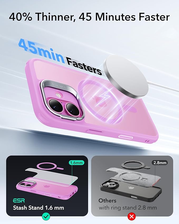 ESR for iPhone 16 Case, Camera Control Button Compatible with MagSafe, Military-Grade Protective Case, Built-in Stash Stand Phone Case, Scratch-Resistant Back Cover, Classic Series, Frosted Pink