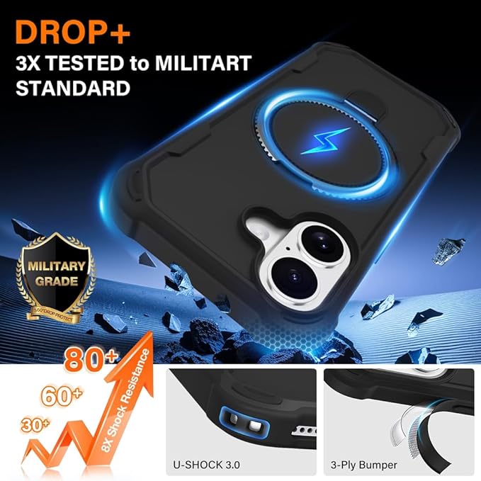 Designed for iPhone 17 Case with Magnetic Stand [Military Drop Protection][Compatible with Magnet] Shockproof 17 Phone Case with Ring Holder, Black