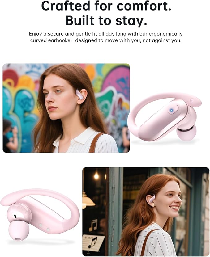 NDO Bluetooth 5.3 Wireless Earbuds with Earhooks,Sport Headphones 48H Playtime,Lightweight Design,ENC Mic,IPX7 Waterproof,Type-C Fast Charging,Perfect for Workout and Daily Use-Pink