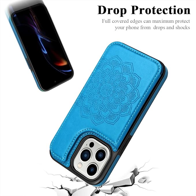 MMHUO for iPhone 14 Pro Case with Card Holder,Flower Magnetic Buttons Protective Wallet Case for Women for iPhone 14 Pro,Blue