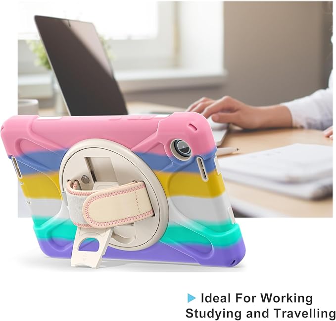 ProCase Rugged Case for Lenovo Tab One/K9 8.7 Inch 2025, Heavy Duty Shockproof Rugged Protective Cover Rotating Kickstand with Handle Holder Shoulder Strap for Lenovo Tab One/K9 -Colorful