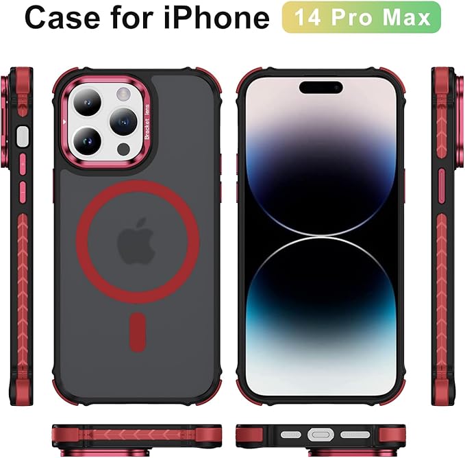 Magnetic for iPhone 14 Pro Max Case Red with MagSafe Wireless Charging Heavy Duty Military-Grade Shockproof Protection Adjustable Kickstand Slim Matte Anti-Fingerprint Cover Men Women
