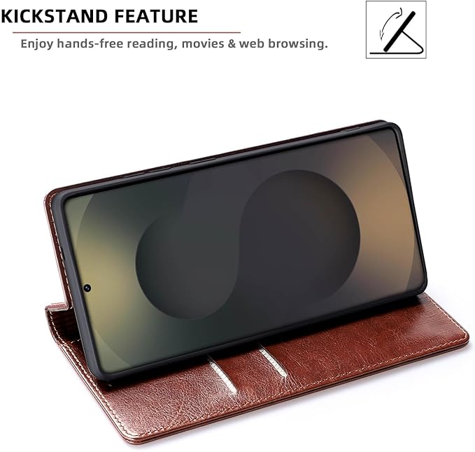 for Samsung Galaxy S24 Ultra Wallet Case, Genuine Leather Flip Folio Cover with RFID Blocking Card Holder & Kickstand, [Shockproof TPU Inner Shell] for Samsung Galaxy S24 Ultra, Brown