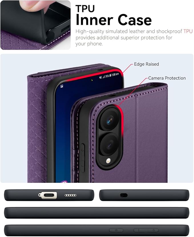 OCASE Compatible with Galaxy S25 Edge Wallet Case, PU Leather Flip Folio Case with Card Holders RFID Blocking Kickstand [Shockproof TPU Inner Shell] Protective Phone Cover 2025, Dark Purlple