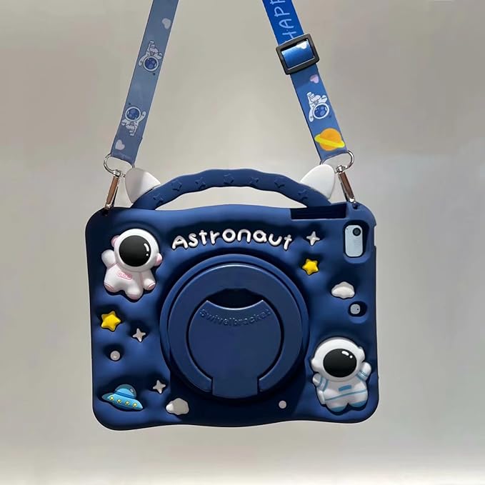 3D Cute Press Astronaut Case for Samsung Galaxy Tab A7 10.4 inch 2022/2020 SM-T500/T505/T507,Kawaii Cartoon Character Space Soft Silicone Rotating Stand Case with Lanyard for Kids Teens Girls Women