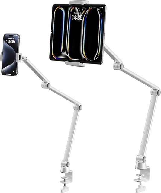 LULULOOK iPad Stand, Aluminum Alloy Mount - Adjustable for Desk, Compatible with iPad Pro 12.9, Mini, Galaxy Tabs, iPhone 16 Pro Max, Kindle, Tablet 4.7"-13" (2 Clips)