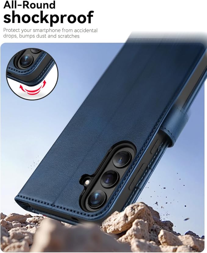 OCASE Compatible with Galaxy S25 FE Wallet Case, PU Leather Flip Folio Case with Card Holders RFID Blocking Kickstand [Shockproof TPU Inner Shell] Protective Phone Cover 2025, Retro Blue