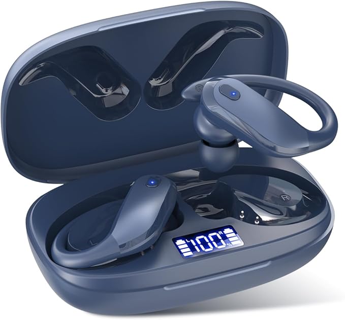 Bluetooth Earbuds with Earhooks 48H Playtime,IPX7 Waterproof Wireless Headphones with Bluetooth 5.3,ENC Noise Cancelling Mic,Lightweight Fit for Office,Travel Gym Daily Style (Dark Blue)