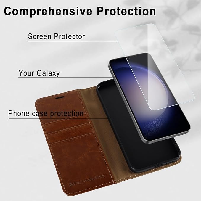 MONASAY Wallet Case Compatible for Galaxy S23 5G,[RFID Blocking] Flip Folio Leather Cell Phone Cover with Credit Card Holder, 6.1 inch, Brown