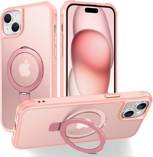 Magnetic Compatible with iPhone 15 Plus Case with Stand [Military Grade Drop Tested][Compatible with Magnet] Ring Translucent Slim Hard Back Soft Edge, Pink