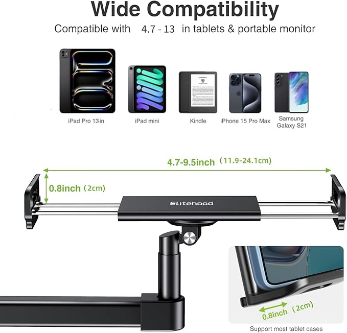 elitehood 28in Long Arm iPad Desk Mount, Heavy Duty Aluminum Tablet Arm Mount for Desk Bed Sofa, Compatible with iPad Pro 13/12.9 Air Mini, iPhone, Portable Monitor and 4.7-13in Tablets