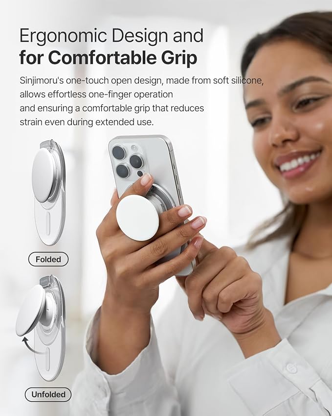 Sinjimoru Phone Grip Stand, Compatible with MagSafe, Adaptor Ring Included, 3000G Kickstand for iPhone 17/16/15/14/13. M-Tap Tok Stand Clear White