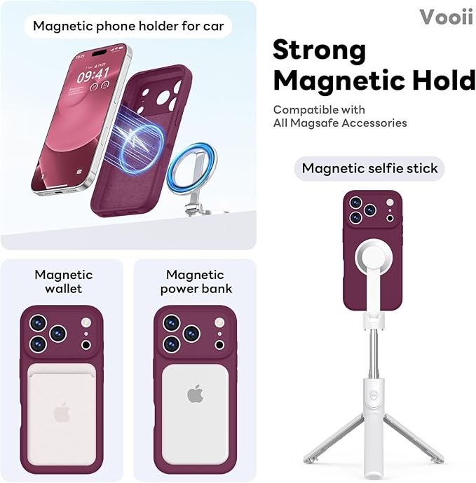Vooii Magnetic Compatible with iPhone 17 Pro Max Case (Compatible with Magsafe) (Upgraded Camera Protection) Liquid Silicone Shockproof Full Body Protective Phone Cover for Women Men, WineRed, 6.9”