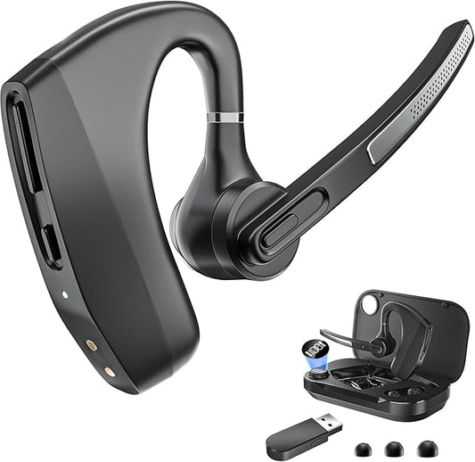 Bluetooth Headset Wireless Earpiece with 450mAh Charging Case USB Dongle Noise Canceling Mic for PC Computer, Laptop, Cell Phones, Remote Work, Call Center, Trucker Work, Business