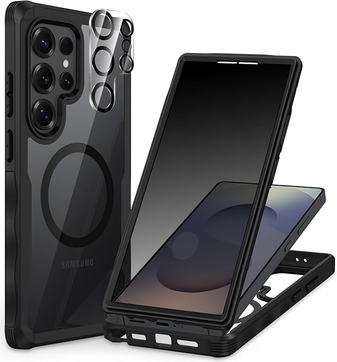CENHUFO Magnetic Privacy for Samsung Galaxy S25 Ultra Case, Full Body Phone Case with Built-in 9H Tempered Glass Privacy Screen Protector and Camera Lens Cover, Shockproof Protective Bumper -Black