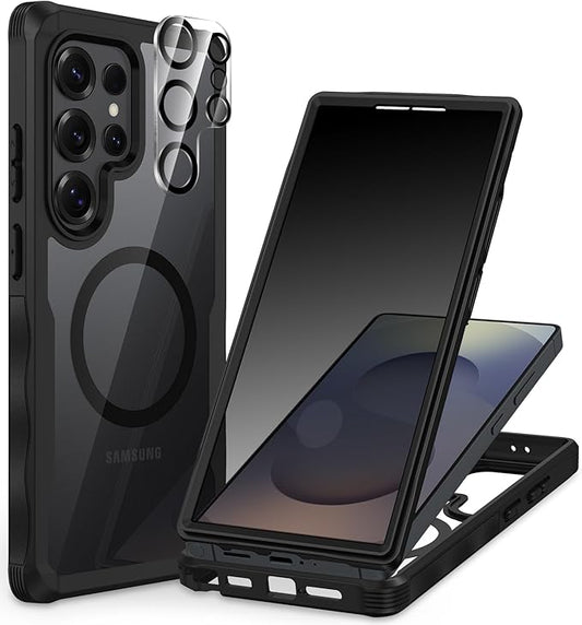 CENHUFO Magnetic Privacy for Samsung Galaxy S25 Ultra Case, Full Body Phone Case with Built-in 9H Tempered Glass Privacy Screen Protector and Camera Lens Cover, Shockproof Protective Bumper -Black