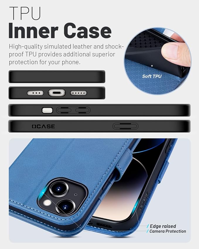 OCASE Compatible with iPhone 15 Wallet Case, PU Leather Flip Folio Case with Card Holders RFID Blocking Kickstand [Shockproof TPU Inner Shell] Phone Cover 6.1 Inch 2023, Light Blue