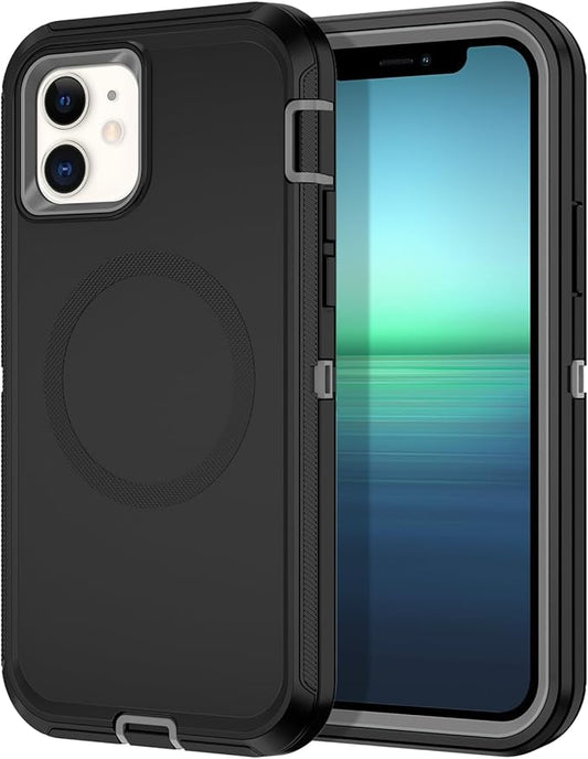 for iPhone 12 Case,iPhone 12 Pro Case [Compatible with MagSafe] Shockproof 3-Layer Full Body Protection Rugged Heavy Duty Cover for Apple iPhone 12/12 Pro 6.1",Black/Grey