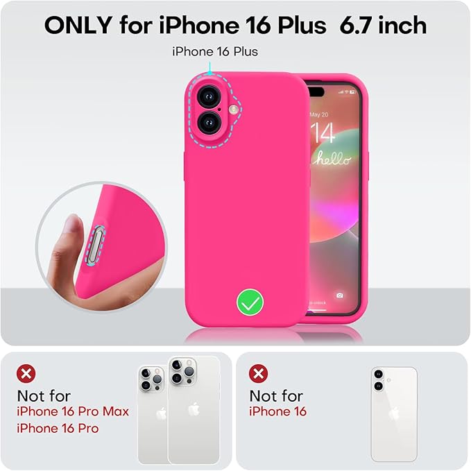 Vooii Compatible with iPhone 16 Plus Case, Liquid Silicone Upgrade [Camera Protection] [Soft Anti-Scratch Microfiber Lining] Shockproof Phone Case for iPhone 16 Plus 6.7 inch - Hot Pink
