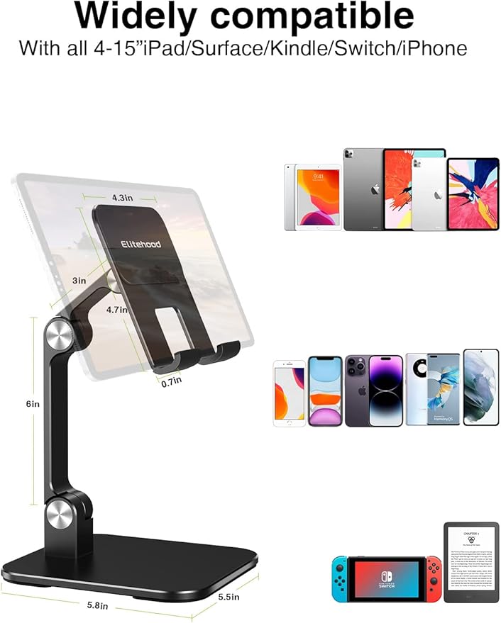 elitehood Aluminum iPad Stand for Desk [Ultra-Stable & Sturdy], Height Adjustable Tablet Stand, Portable Tablet Holder Dock for Home Office, Compatible with iPad Pro 12.9, iPad Air Mini 6 5 4 3, Black