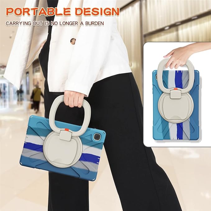 360 Rotation Case for Samsung Galaxy Tab S6 Lite 10.4" Sturdy Cover Rotate Ring Stand Shoulder Carrying Strap Hand Strap Rugged Children Adults Outdoor Case (Colourful Blue)