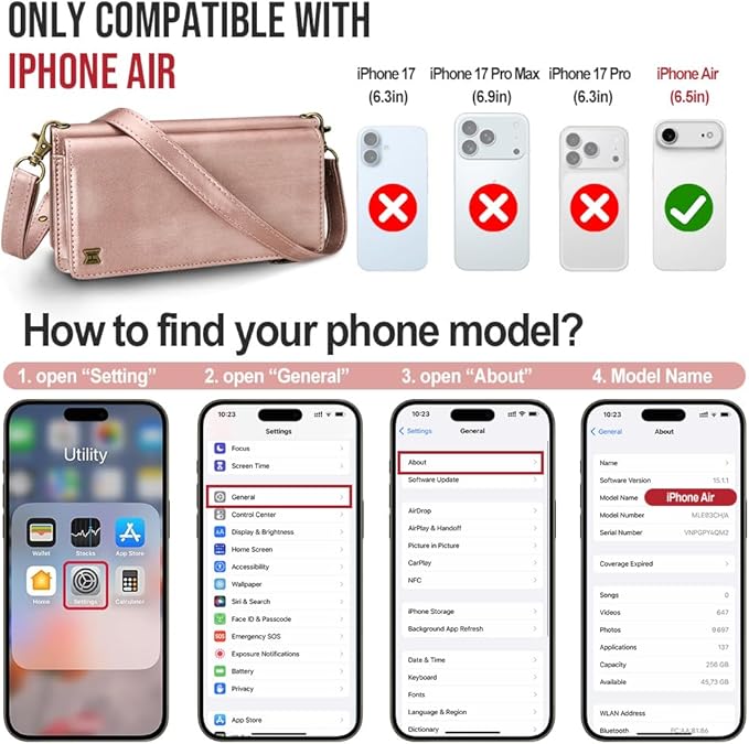 for iPhone Air Wallet Phone Case with 8 Card Holder,RFID Blocking | PU Leather | Kickstand | Flip | Wrist Strap&Shoulder Strap | Shockproof | Zipper Wallet | Women Men | 6.5" | Rose Gold