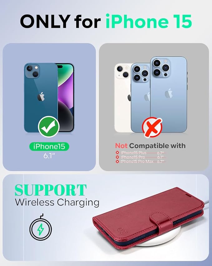 OCASE Compatible with iPhone 15 Wallet Case, PU Leather Flip Folio Case with Card Holders RFID Blocking Kickstand [Shockproof TPU Inner Shell] Phone Cover 6.1 Inch 2023, Red