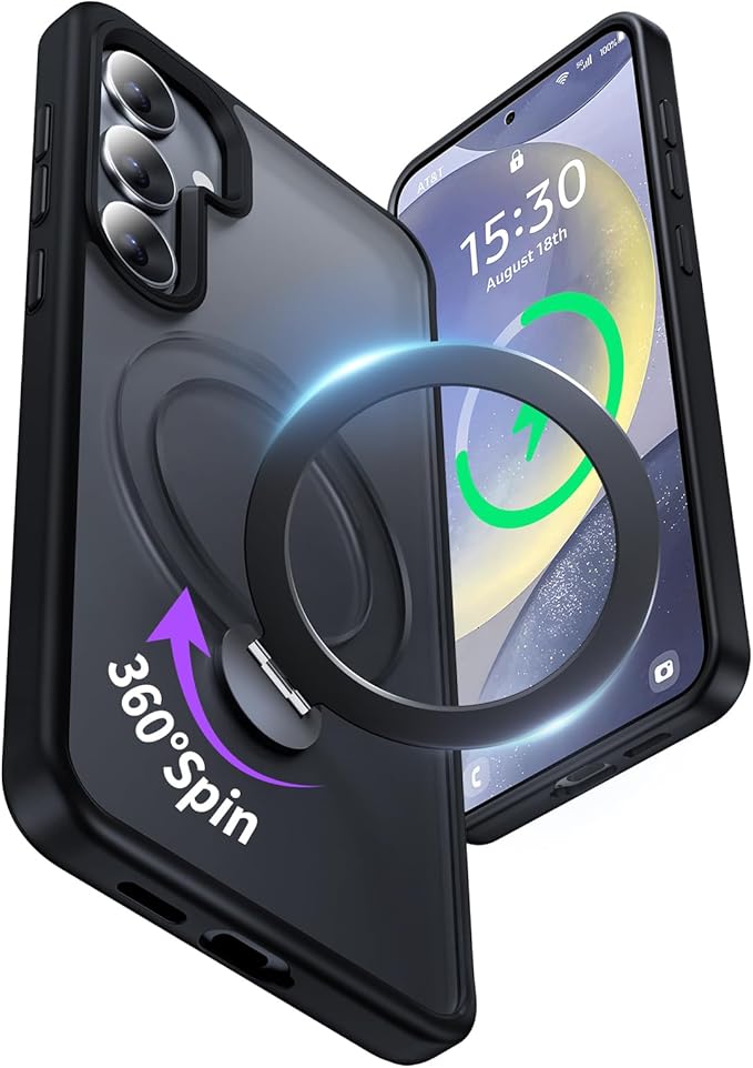 for Samsung Galaxy S24+ Plus Case,Compatible with Magsafe,with 360°Rotatable Magnetic Ring Stand [Wireless Charging],Matte Translucent Slim Soft Edge Phone Kickstand,Black