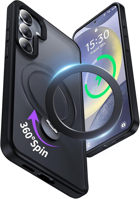 for Samsung Galaxy S24+ Plus Case,Compatible with Magsafe,with 360°Rotatable Magnetic Ring Stand [Wireless Charging],Matte Translucent Slim Soft Edge Phone Kickstand,Black