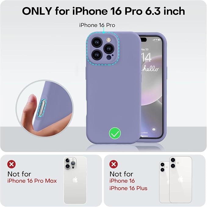 Vooii Compatible with iPhone 16 Pro Case, Liquid Silicone Upgrade [Camera Protection] [Soft Anti-Scratch Microfiber Lining] Shockproof Phone Case for iPhone 16 Pro 6.3 inch - Lavender Grey