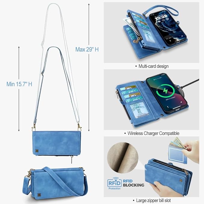 for iPhone Air Wallet Phone Case with 8 Card Holder,RFID Blocking | PU Leather | Kickstand | Flip | Wrist Strap&Shoulder Strap | Shockproof | Zipper Wallet | Women Men | 6.5" | Sky Blue