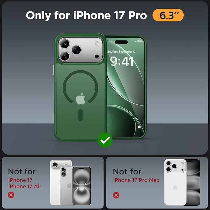 Miracase Magnetic for 17 Pro Case 6.3" with Screen Protector, [Compatible with MagSafe] Military-Grade Protection, Anti-Fingerprint, Slim Thin Phone Case for 17 Pro Cover, Dark Green