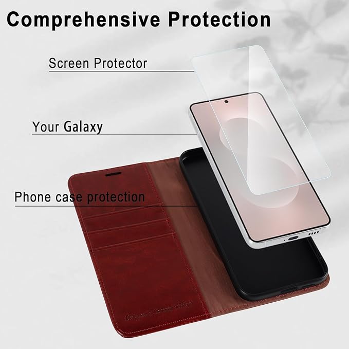 MONASAY Wallet Case Fit for Samsung Galaxy S25 Edge 5G，[Lens & Glass Screen Protector] [RFID Blocking] Flip Folio Leather Cell Phone Cover with Credit Card Holder, 6.7 inch, Burgundy