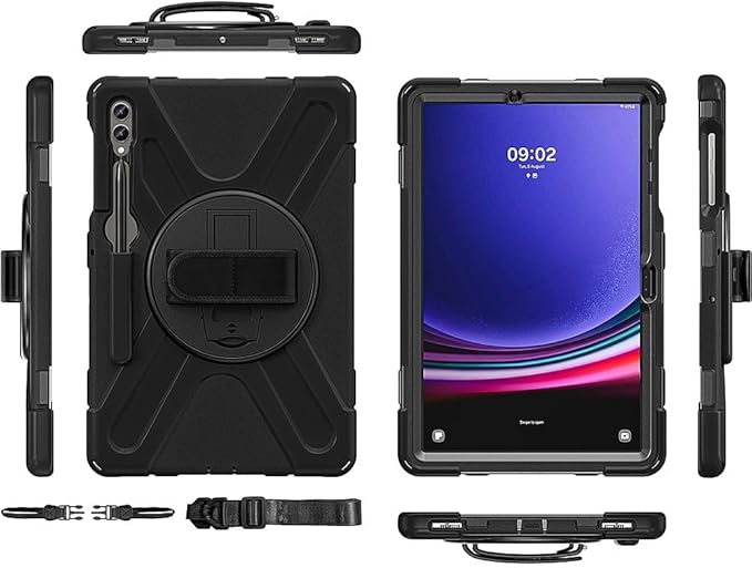 Sahara Defense-X Series Case for Samsung Galaxy Tab S10+, S9+, S9 FE+, S8+, Black, Rugged Shockproof Protective Cover with Hand Strap, Kickstand, Shoulder Strap, Hard Shell (TB00334)
