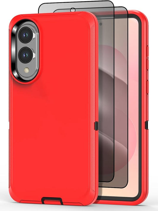 Designed for Samsung Galaxy S25 Edge Case [with Privacy Screen Protector] 3-Layer Full Body Protection Rugged Shockproof Heavy Duty Phone Case Cover, Red/Black