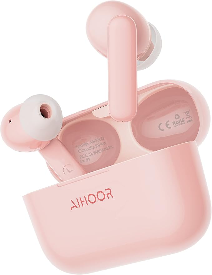 AIHOOR Wireless Earbuds for Music and Sports, Bluetooth 5.3 in-Ear Headphones with Extra Bass Built-in Mic Touch Control 30hr Battery Earphones, Waterproof (Pink)