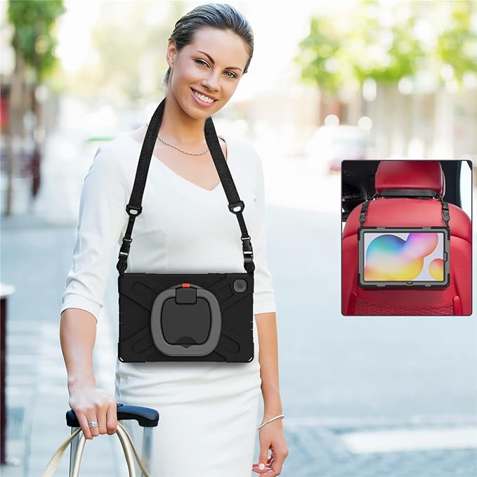 360 Rotation Case for Samsung Galaxy Tab S6 Lite 10.4" Sturdy Cover Rotate Ring Stand Shoulder Carrying Strap Hand Strap Rugged Children Adults Outdoor Case (Black+Gray)