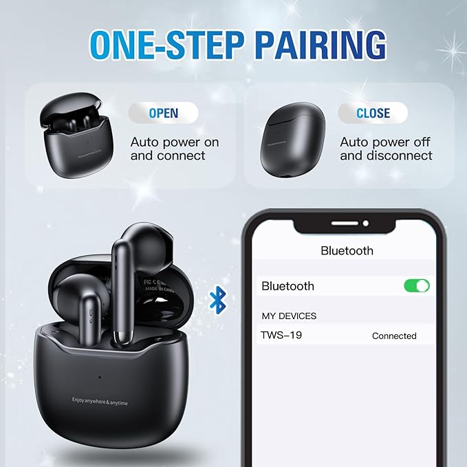 True Wireless Earbuds Bluetooth 5.3 with Microphone for Working Out Noise Canceling Blue Tooth Ear Buds Deep Bass TWS Wireless Earphones with Charging Case in Ear Headphone for iPhone Android Black