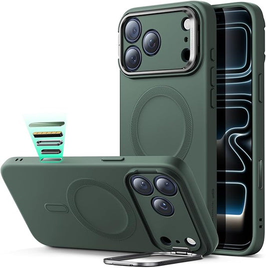 ESR Silicone Case for iPhone 17 Pro, Built-in Camera Stash Stand Compatible with MagSafe, Military-Grade Drop Protection Magnetic Phone Case for iPhone 17 Pro, Cloud Series, Olive Green