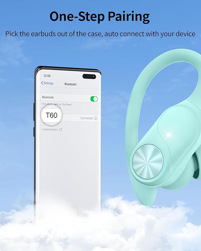PocBuds Bluetooth Headphones Wireless Earbuds 80hrs Playtime Wireless Charging Case Digital Display Sport Ear buds with Earhook Deep Bass IPX7 Waterproof Over-Ear Earphones for Phone Laptop Mint Green