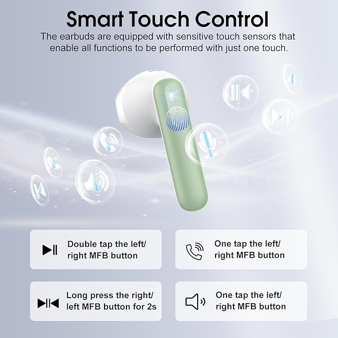 Wireless Earbuds, Bluetooth 5.4 Headphones with 3D Bass Stereo, 40H Ultralight in-Ear Buds, Bluetooth Earbuds with 4 ENC Noise Cancelling Mic, USB-C, IP7 Waterproof Earphones for Android iOS, Green