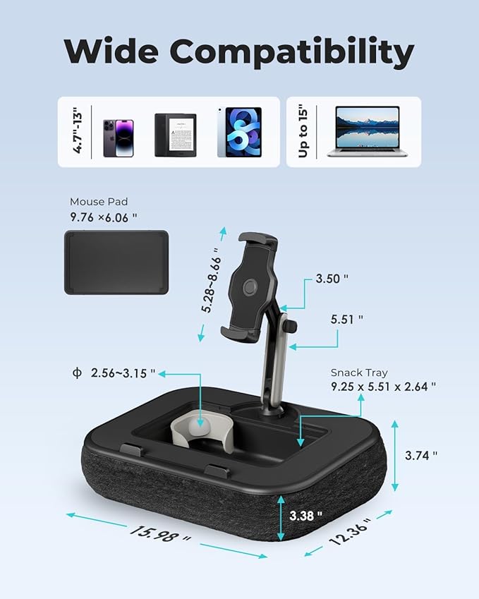 Viozon Kindle Pillow Stand Holder, Phone holder for Bed, Laptop Lap Desk with Mouse Pad,Compatible with 4.7-13" Kindle/Tablet/Phone,10-15"Laptop, Snack Bowl&Cup Attachment&Detachable 360°Stand Arm, B