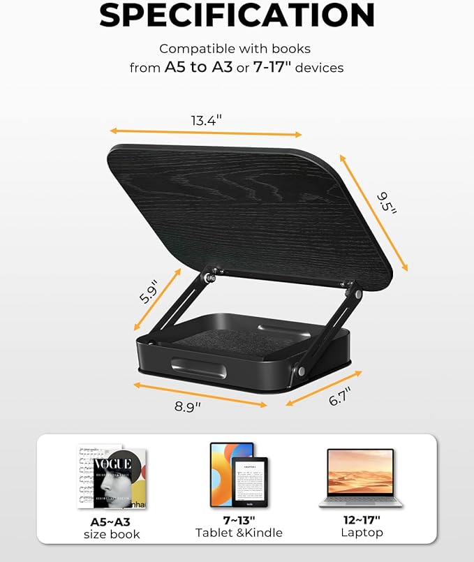 Adjustable Book Stand for Reading with Storage – 360° Rotating Base, Height Adjustable, Extra-Wide Page Clips for Thick Books – Portable Desk Book Holder for Study, Bed, Office, Kitchen (Black)